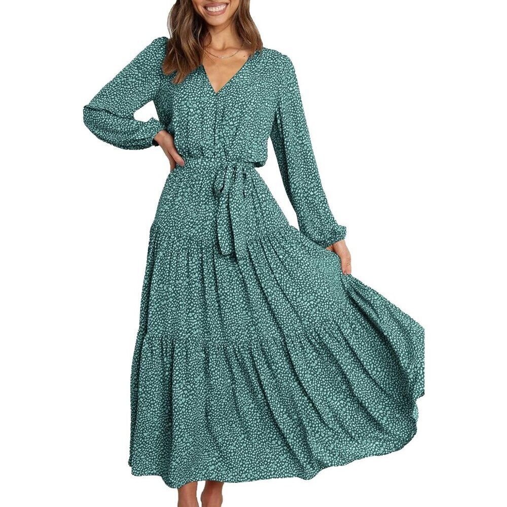 PrettyGarden Women Dark Green Polyester V Neck Long Sleeve Floral Maxi Dress
